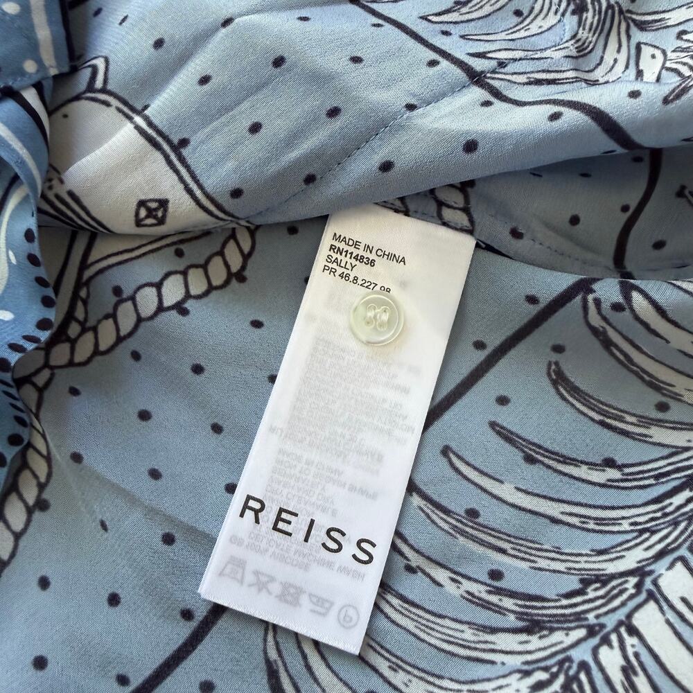 REISS Women’s Sally Printed Cuban Collar Blouse Blue Equestrian Sz US 10 ALTERED - Picture 4 of 10